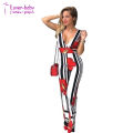 Trendy V Neck Striped Floral Printed One-Piece Jumpsuits